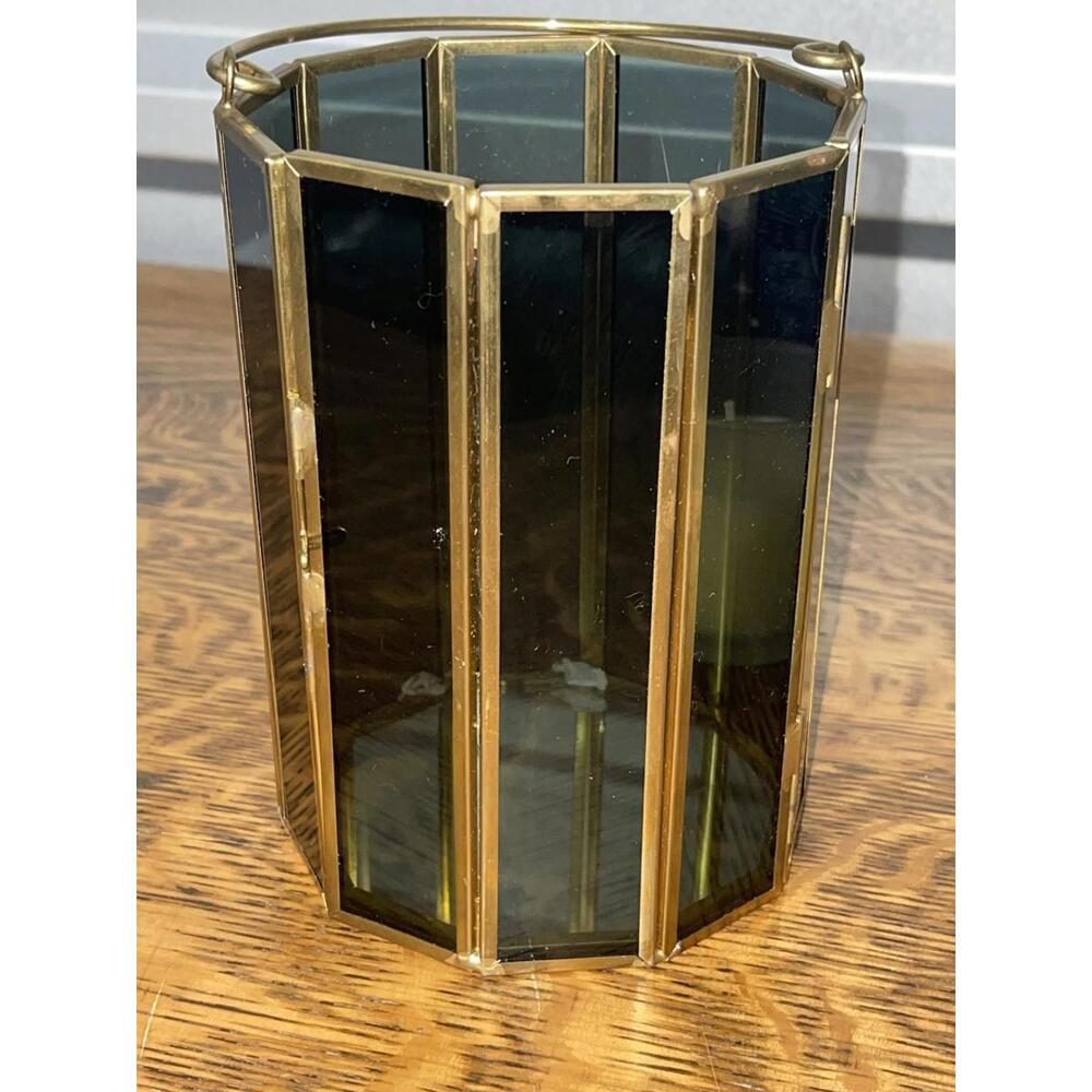 Vintage Brass And Tinted Glass Hexagonal Hurricane Candle Lantern